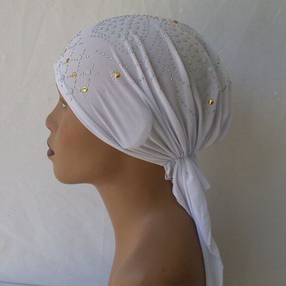 WHITE Pre-Tied Stud Chemo Cap Slip On Bonnet Hijab Undercap #3 - Picture 3 of 4